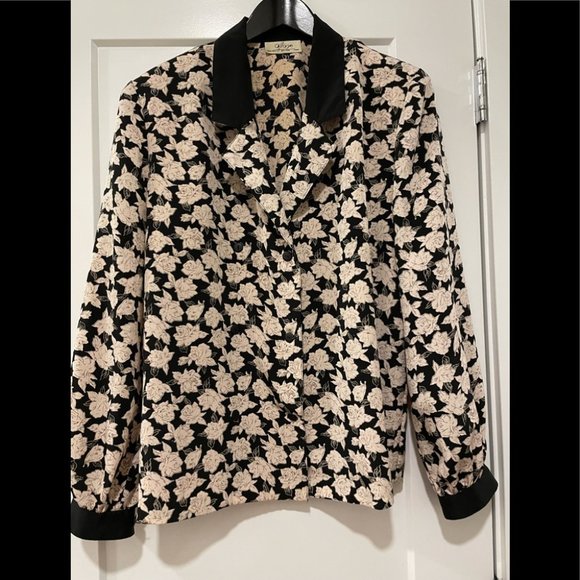 VINTAGE Black Cream Floral Print Shoulder Pad Jacket Blouse Large - Picture 2 of 15